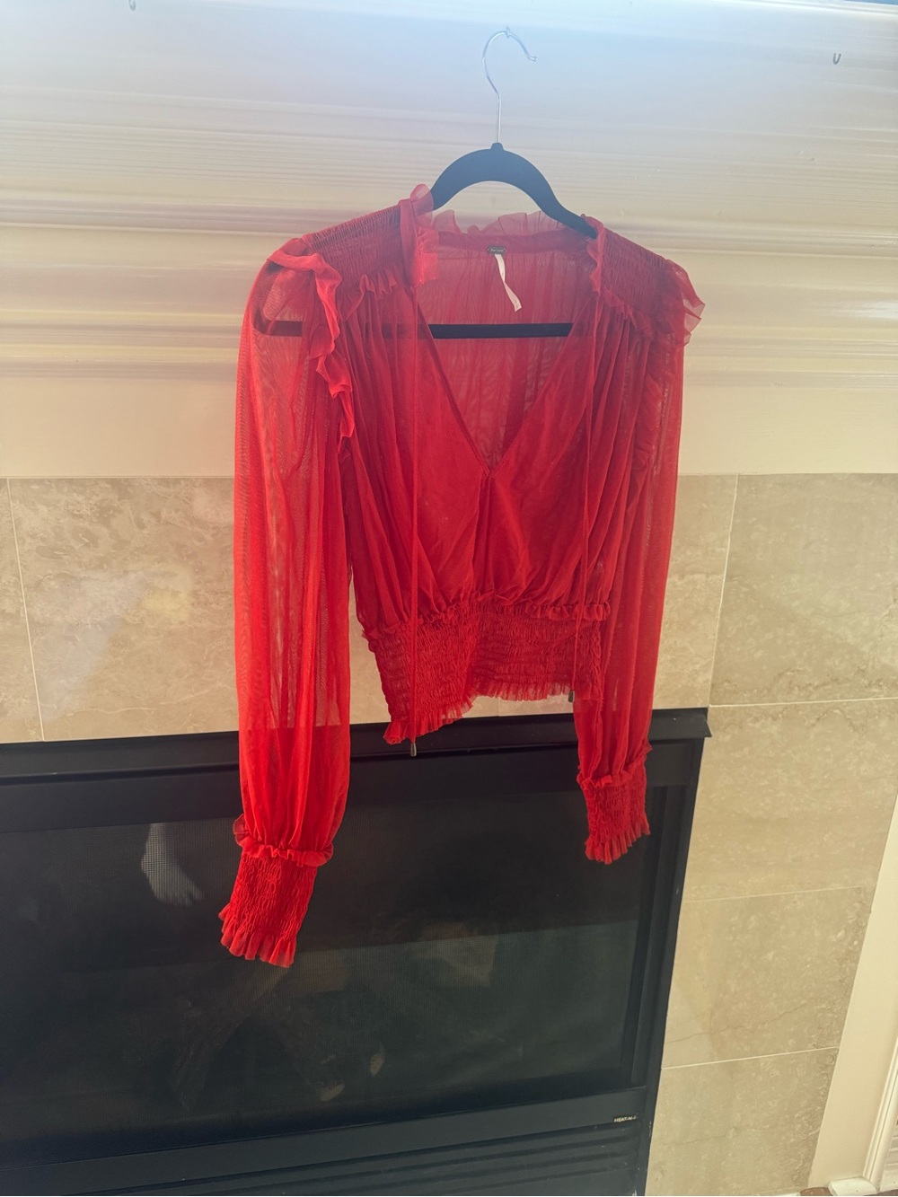 Free People Red Sheer Ruffle V-Neck Blouse